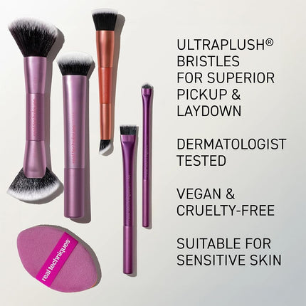 Real Techniques Big Blends Energy Brush + Dual-Sided Puff, 6 Piece Kit for Powder, Cream & Liquid Application, Precision Tools for Contour, Blending & Finishing, Vegan & Cruelty-Free
