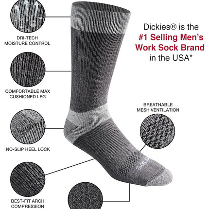 Dickies Men's Dri-tech Moisture Control Max Full Cushion Crew Socks Multipack, 3.0 Full Cushion Charcoal (6 Pairs), Shoe Size: 12-15