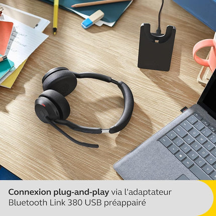 Jabra Evolve2 55 Stereo Wireless Headset with Charging Stand, Air Comfort Technology, Noise-cancelling Mics, Active Noise Cancellation - MS Teams Certified, Works with Other Platforms - Black