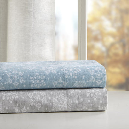 Comfort Spaces Cotton Flannel Breathable Warm Deep Pocket Sheets with Pillow Case Bedding, Cal King, Grey Snowflakes 4 Piece