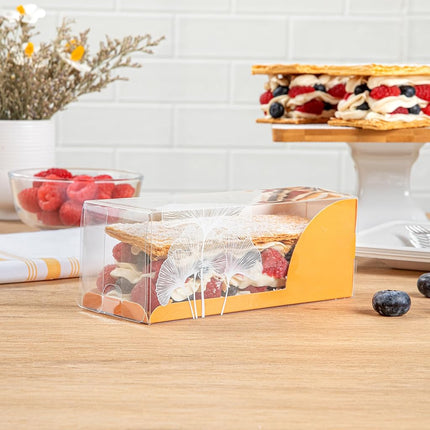 Restaurantware-7 Inch x 2.5 Inch Clear Dessert Boxes, 100 Orange Paper Sleeve Transparent Candy Boxes - Leaf Accent, No Grease Lining, Clear Plastic Clear Favor Boxes, Crack Resistant, Disposable