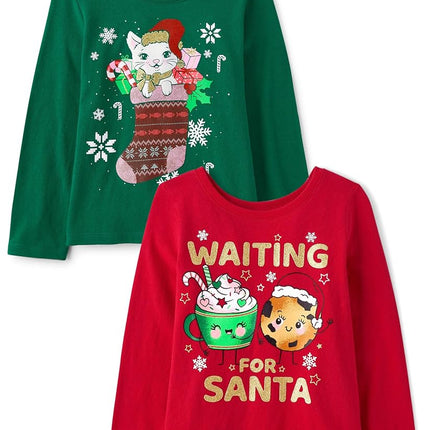 The Children's Place Baby Girls' and Toddler All Holidays Long Sleeve Graphic T-Shirts, Multipack, Waiting Santa/Cat Stocking, 3T