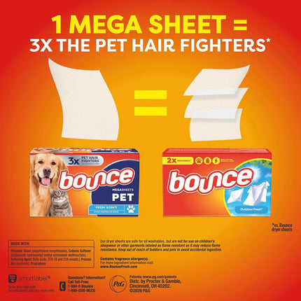 Bounce Pet Hair and Lint Guard Mega Fabric Softener Dryer Sheets with 3X Pet Hair Fighters, Fresh Scent, 180 Count