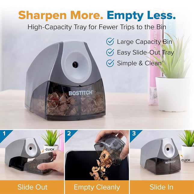 Bostitch Office Personal Electric Pencil Sharpener, Powerful Stall-Free Motor, High Capacity Shavings Tray, Gray (EPS4-KTGRAY)