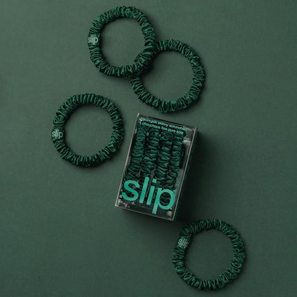 slip Skinny Forest Green Scrunchies - Back to School Range - Anti-Crease, Anti-Breakage Slipsilk Hair Ties - Design Protects Delicate Hair - Includes 4 x Pure Silk Scrunchy For Hair Pony Tails