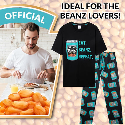 HEINZ Mens Pyjamas Set PJs T-Shirt Long Bottoms Breathable Loungewear Comfy Nightwear Baked Beans Funny Gifts for Men (XL, Black)