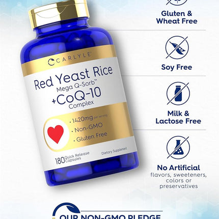 CoQ10 with Red Yeast Rice | 180 Capsules | Mega Q-Sorb 120mg & Red Yeast Rice 1200 mg | Non-GMO, Gluten Free Supplement | by Carlyle