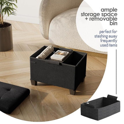 STORAGEBUD Storage Ottoman Cube with Small Bin, 16-in Square Ottoman with Storage for Living Room and Bedroom, Small Ottomans Foot Rest, Fabric Foot Stools Ottomans Max 330lbs, Black