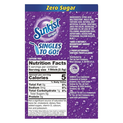 Sunkist Grape Zero Sugar Singles To Go Drink Mix Packets - Pack of 6 Boxes
