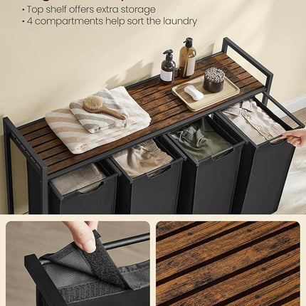 VASAGLE Laundry Hamper, Laundry Basket, Laundry Sorter with 4 Pull-Out and Removable Bags, Shelf, Metal Frame, 4 x 10.6 Gallons (40 L), 45.7 x 13 x 28.4 Inches, Ink Black and Rustic Brown UBLH401B01