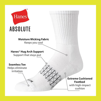 Hanes Men's Absolute Active Cushioned Crew, Moisture Wicking Socks, Seamless Toe, 4-Pack, Black, 4.5-12 UK