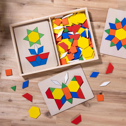 Melissa & Doug Pattern Blocks and Boards - Classic Toy With 120 Solid Wood Shapes and 5 Double-Sided Panels, Multi-coloured - STEAM Toy, Tangrams Puzzle For Kids Ages 3+