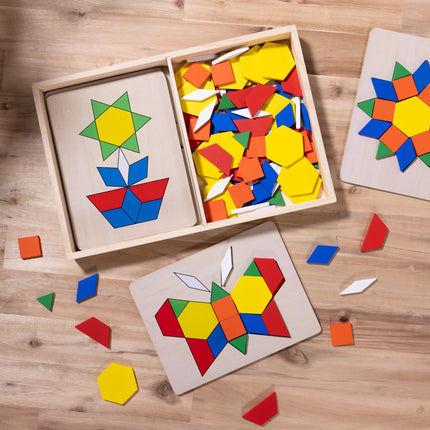 Melissa & Doug Pattern Blocks and Boards - Classic Toy With 120 Solid Wood Shapes and 5 Double-Sided Panels, Multi-coloured - STEAM Toy, Tangrams Puzzle For Kids Ages 3+