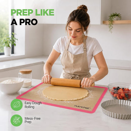NutriChef Silicone Mat Set – 2 Non-Stick Reusable Oven Liners 62 cm x 42 cm, Food-Grade Oven Safe 250°C, Sheets for Pastry, Dough, Cookies & Kitchen Accessories, Pink