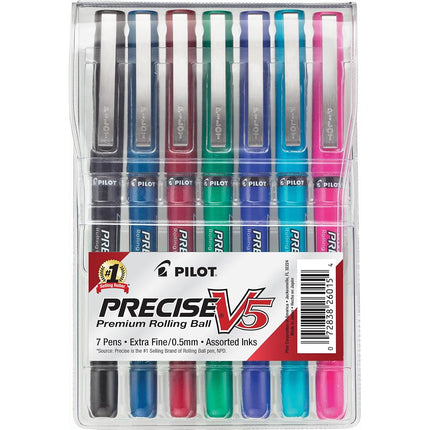 Pilot Precise V5 Stick Rolling Ball Pen, Micro Point, 7 Assorted Barrel/Ink Colors, 7 per Pack (26015)