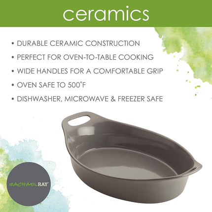 Rachael Ray Solid Glaze Ceramics Au Gratin Bakeware/Baker Set, Oval - 2 Piece, Gray