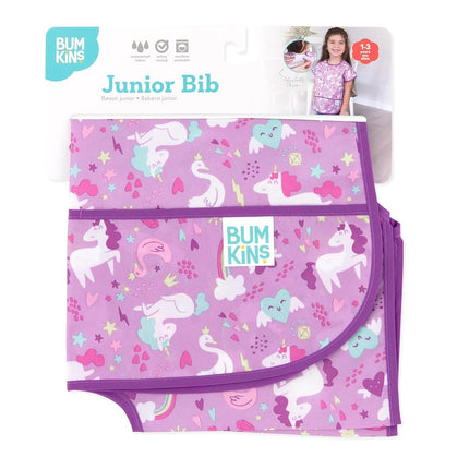 Bumkins Junior Bib, Adjustable Hook & Loop Closure, Catch-All Pocket, Baby-Led Weaning, Waterproof, Machine Washable, Stain & Odour Resistant, BPA Free, 1-3 Years, Unicorn Design