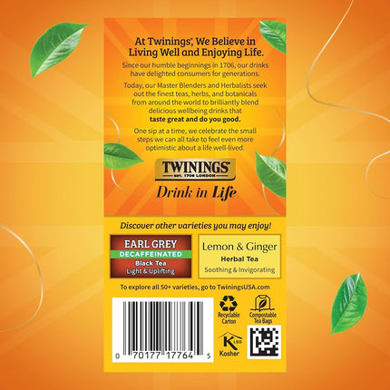 Twinings of London Decaffeinated Lady Grey Black Tea Bags, 20 Count (Pack of 6)