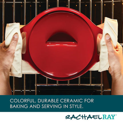 Rachael Ray Solid Glaze Ceramics Casserole Bakers/Baking Dish with Shared Lid Set, 3 Piece, Red