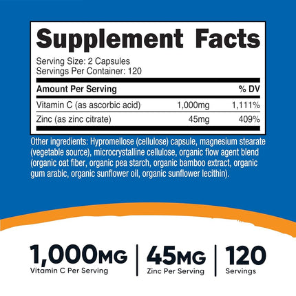 Nutricost Vitamin C with Zinc, 120 Capsules - 1000mg Vitamin C, 45mg Zinc, Non-GMO, Gluten Free Vitamin C Supplement