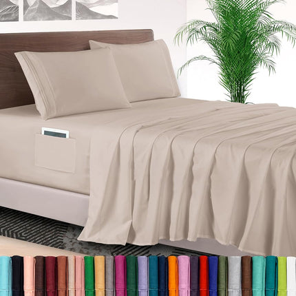 Elegant Comfort 4-Piece Bed Sheet Set - Luxury Bedding 1500 Premium Hotel Quality Microfiber, All Around Elastic 18-24 Inches Deep Fitted Sheet- Extra Deep Pocket Sheets, King, Cream Beige