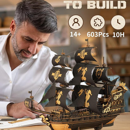 ROKR Seahorse Barque 3D Wooden Puzzle for Adult - Sailboat Model Kit, 603-Piece DIY Assembly, 1:100 Scale Sailboat MCB02