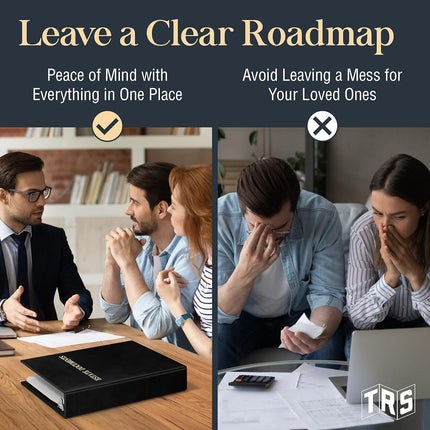 TRS Estate Planning Binder Kit – Pre-Labeled Tabs, Sheet Protectors | 1.5" D-Ring Stitched Faux Leather Organizer for Wills, Trusts, Power of Attorney & End-of-Life Planning | Gold on Black