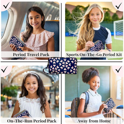 First Period Pal Pack to-Go Kit | 26 pcs | First Period Kit for Girls 9-12 | Period Bags for Teen Girls for School | Discrete Period Bag, Pads, Panty Liners, Period Kits for Girls 10-12 - Hearts