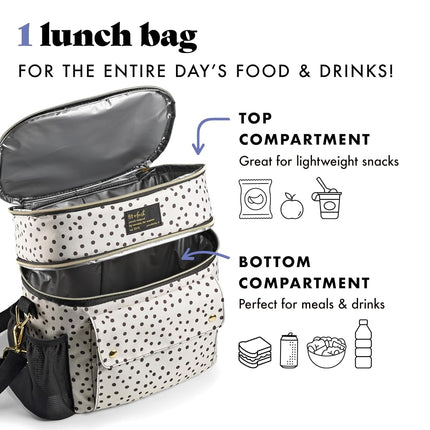 Fit & Fresh Westminster Insulated Lunch Bag Double Compartment for Women, Full Set with 2 Containers, Double Compartment Cooler Bag with Adjustable Strap, Black and White Dots