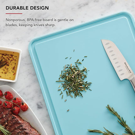 KitchenAid Classic Plastic Cutting Board with Perimeter Trench and Non Slip Edges, Dishwasher Safe, 12 inch x 18 inch, Blue