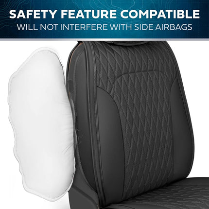 Fundas de asiento de coche MotorBox – Edición DiamondLux de protectores de asiento prémium de piel sintética negra – Accesorios acolchados automotrices con costuras de doble cruz para camiones, todoterrenos, coches – Juego de asientos delanteros