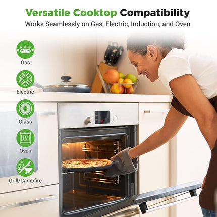 Poêle à pizza en fonte de 13 po - Poêle de cuisson à pizza en fonte avec poignée facile à saisir - Pour cuisinière à gaz, électrique, en verre, à induction, four et gril/feu de camp - 2 poignées en silicone - Nutrichef NCCIPD