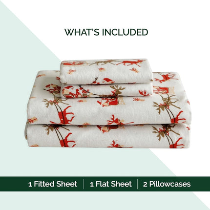 Elegant Comfort Ultra Soft 4-Piece 100% Turkish Cotton Flannel Sheet Set - Holiday Christmas Flannel Sheets, Warm and Cozy Anti-Pill Premium Quality, Deep Pocket Fitted Sheet- Twin XL, Santa Sleigh
