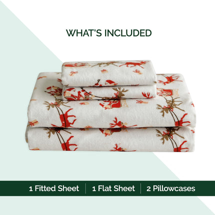 Elegant Comfort Ultra Soft 4-Piece 100% Turkish Cotton Flannel Sheet Set - Holiday Christmas Flannel Sheets, Warm and Cozy Anti-Pill Premium Quality, Deep Pocket Fitted Sheet- Twin XL, Santa Sleigh
