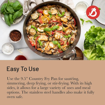 De Buyer Mineral B Carbon Steel Country Fry Pan with 2 Handles - 9.5” Diameter, 6.9” Cooking Surface - Ideal for Sauteing, Simmering, Deep Frying, Stir Frying - PFAS, PFOA, PFOS Free - Made in France
