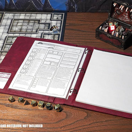 Forged Dice Co. Game-Folio PU Leather Portfolio Binder - Gaming Binder for DND Character Sheets with DND Spell Cards Organizer and Clear Front Pocket - Compatible with Dungeons and Dragons RPG - Red