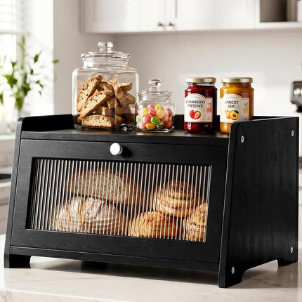 Black Bread Box for Kitchen Countertop with Clear 