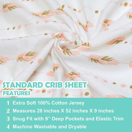 American Baby Company Lot de 2 draps-housses imprimés 100 % coton jersey pour berceaux et matelas pour tout-petits standard, or scintillant/plumes roses/flèches, pour filles