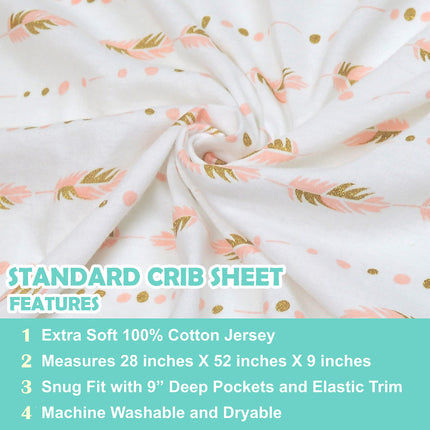 American Baby Company 2 Pack Printed 100% Cotton Jersey Knit Fitted Crib Sheet for Standard Crib and Toddler Mattresses, Sparkle Gold/Pink Feathers/Arrows, for Girls