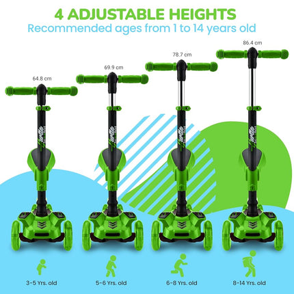 Hurtle 3-Wheeled Scooter for Kids - Wheel LED Lights, Adjustable Lean-to-Steer Handlebar, and Foldable Seat - Sit or Stand Ride with Brake for Boys and Girls Ages 1-14 Years Old