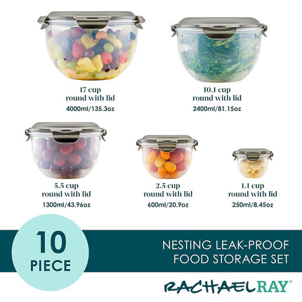 Rachael Ray Leak-Proof Nestable Container Food Storage Bin Set, 10 Piece, Gray Lids