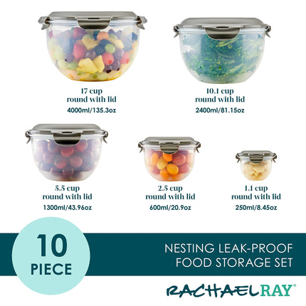 Rachael Ray Leak-Proof Nestable Container Food Storage Bin Set, 10 Piece, Gray Lids
