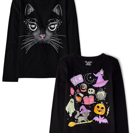 The Children's Place Girls' All Holidays Long Sleeve Graphic T-Shirts,multipacks, Black Cat/Halloween Doodle Print 2-Pack, X-Small