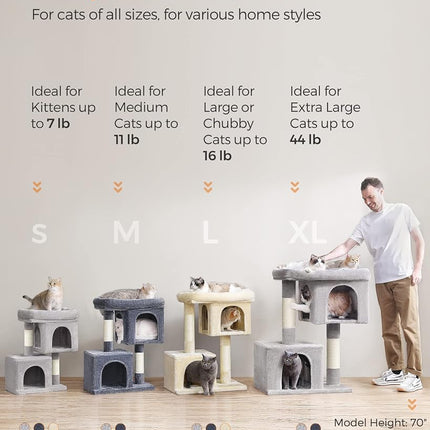 Feandrea Cat Tree Tower, 67 cm, S, Condo for Kittens up to 7 lb, Large Perch, 2 Caves, Scratching Post, Light Gray UPCT611W01