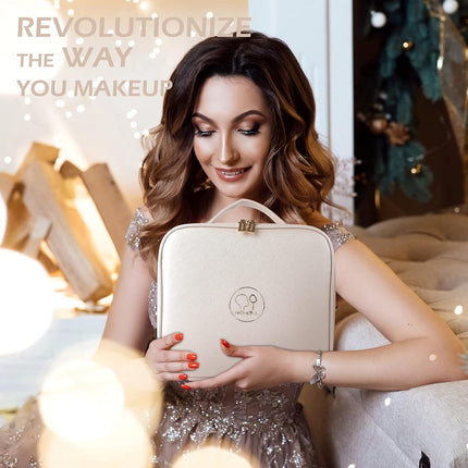MOMIRA Travel Makeup Bag Cosmetic Bag Makeup Organizer Bag with Lighted Mirror, Adjustable Brightness in 3 Color Scenarios, Waterproof Makeup Train Case - Khaki