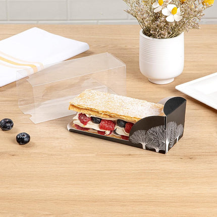 Restaurantware-7 Inch x 2.5 Inch Clear Dessert Boxes, 100 Black Paper Sleeve Transparent Candy Boxes - Tree Accent, No Grease Lining, Clear Plastic Clear Favor Boxes, Crack Resistant, Disposable