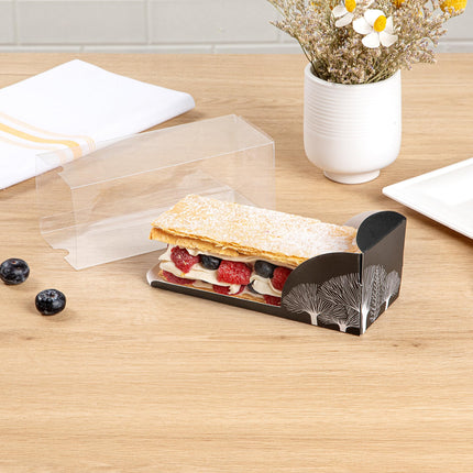 Restaurantware-7 Inch x 2.5 Inch Clear Dessert Boxes, 100 Black Paper Sleeve Transparent Candy Boxes - Tree Accent, No Grease Lining, Clear Plastic Clear Favor Boxes, Crack Resistant, Disposable