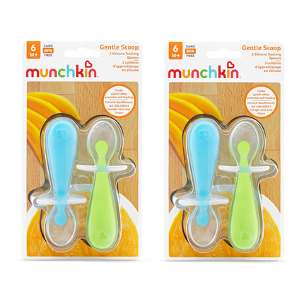 Cuillères d'apprentissage en silicone Munchkin avec protège-étouffement pour la diversification alimentaire de bébé, bleu/vert (paquet de 4)