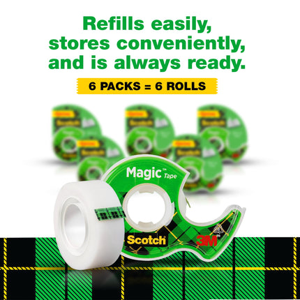 Scotch Magic Invisible Tape, Matte Finish (Invisible on Paper), Photo-Safe & Writable, 1/2" x 800" per Roll, Pack of 6 Refill Rolls for Standard 1" Dispensers, Ideal for Office, Home & School Use