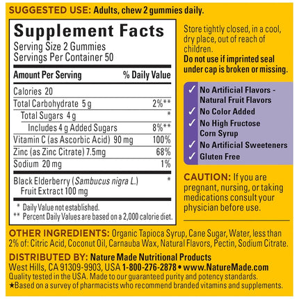 Nature Made Elderberry with Vitamin C and Zinc, Dietary Supplement for Immune Support, 100 Gummies, 50 Day Supply